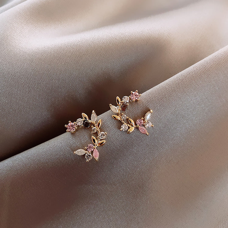 Inlay Color Zircon Flower Leaf Garland Women Earrings