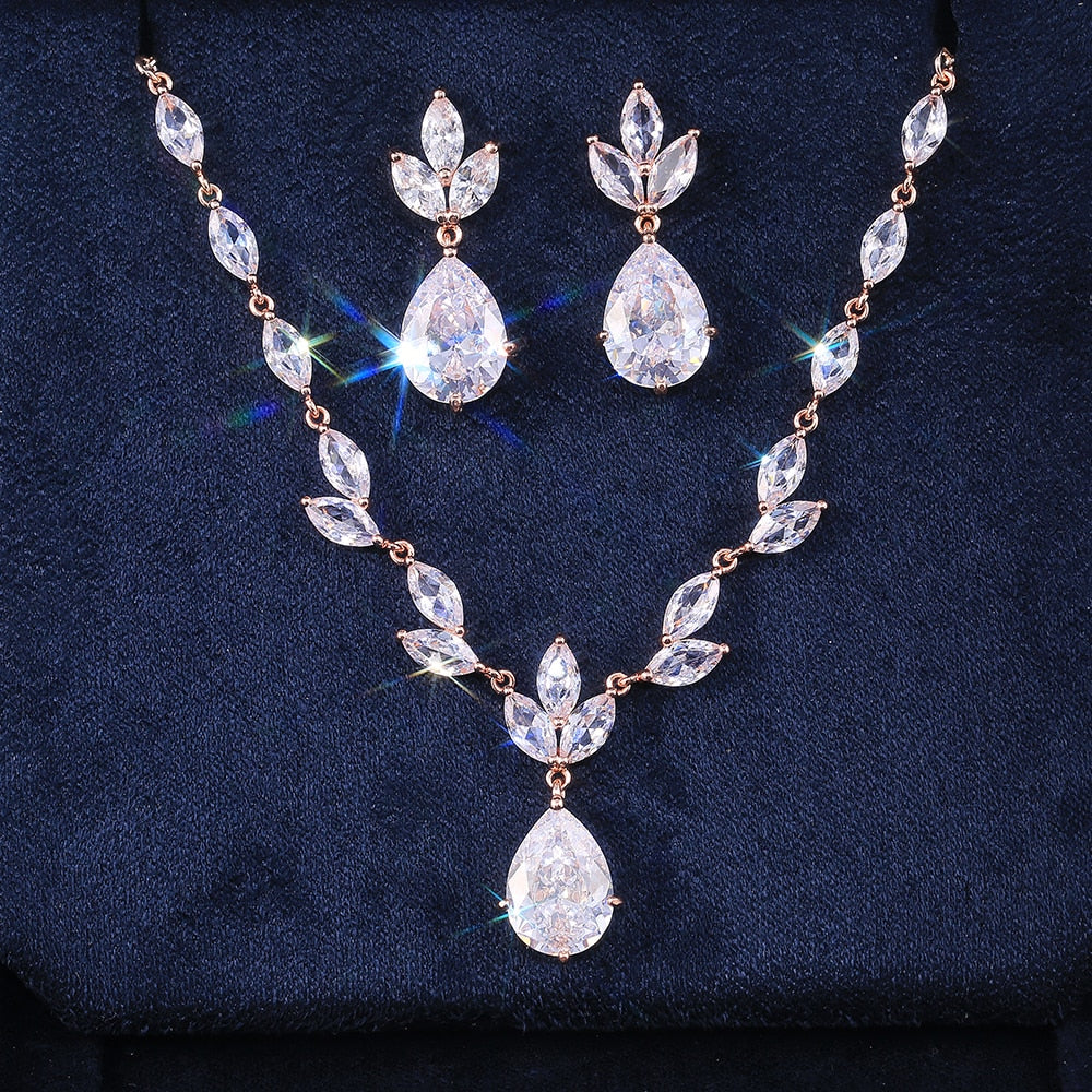 Classic Big Pear CZ Stone Necklace/Earring Wedding Set