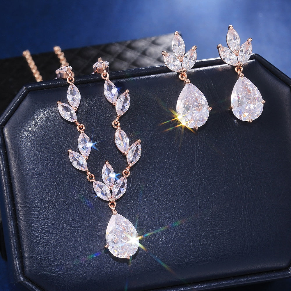 Classic Big Pear CZ Stone Necklace/Earring Wedding Set