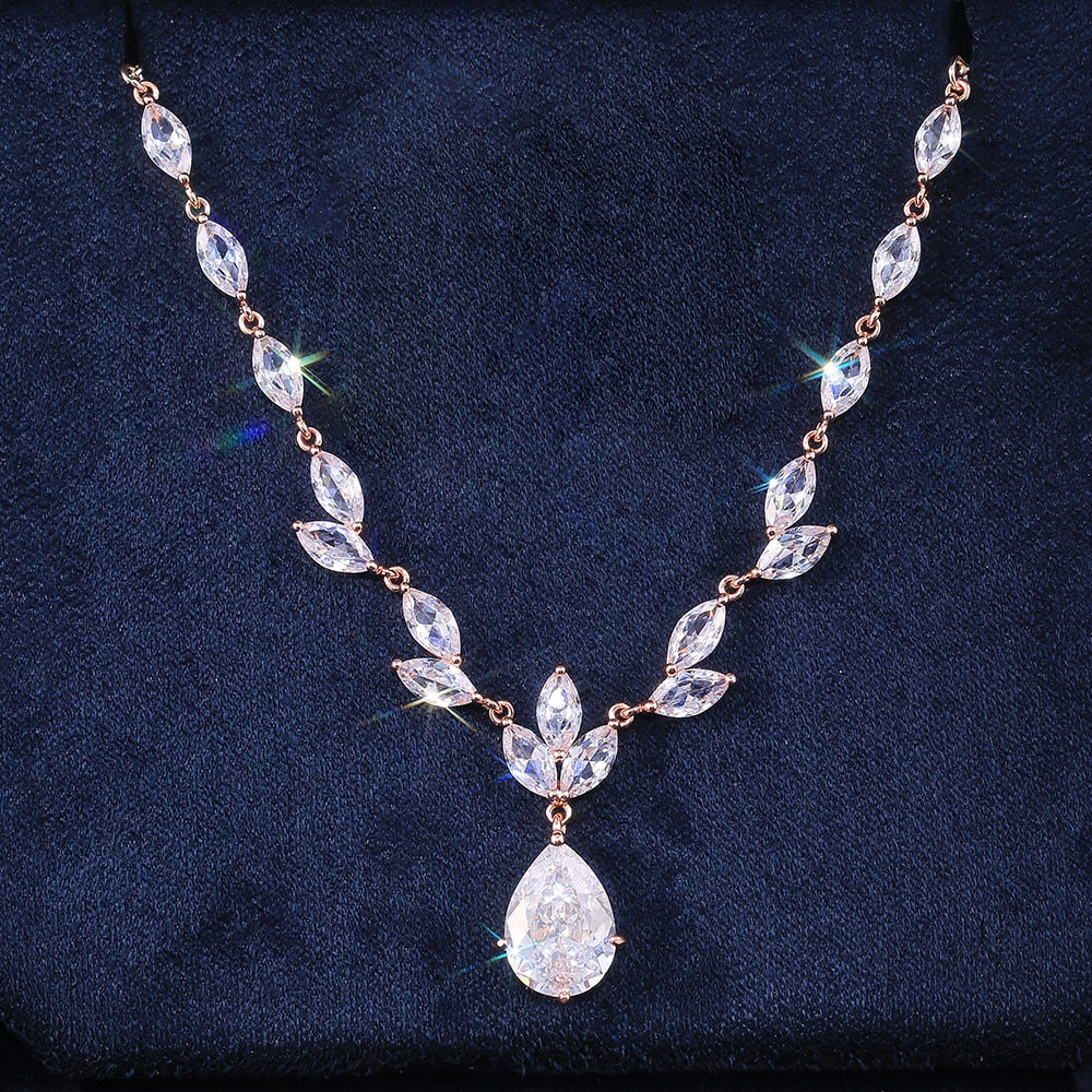 Classic Big Pear CZ Stone Necklace/Earring Wedding Set