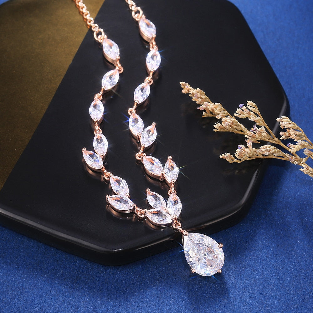 Classic Big Pear CZ Stone Necklace/Earring Wedding Set