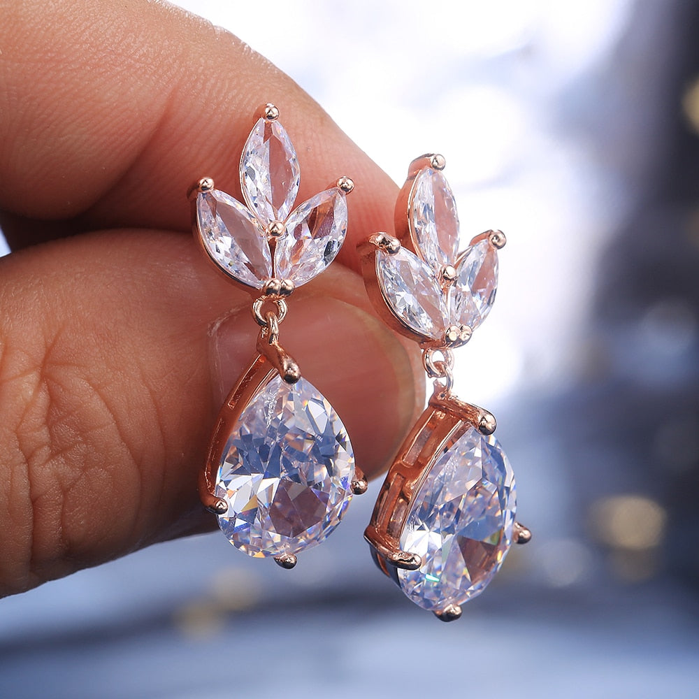 Classic Big Pear CZ Stone Necklace/Earring Wedding Set