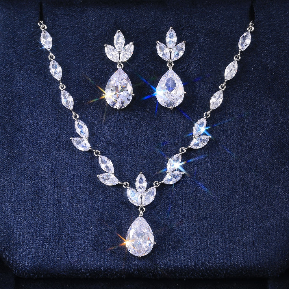 Classic Big Pear CZ Stone Necklace/Earring Wedding Set