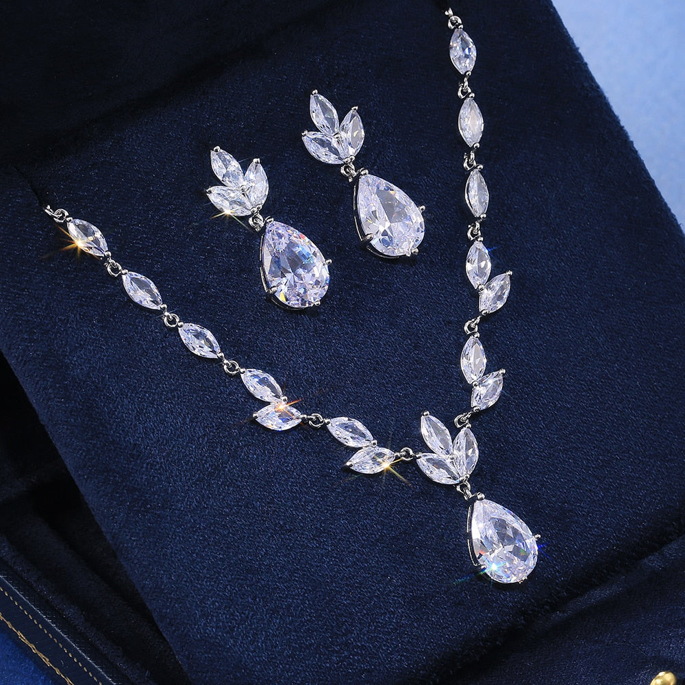 Classic Big Pear CZ Stone Necklace/Earring Wedding Set