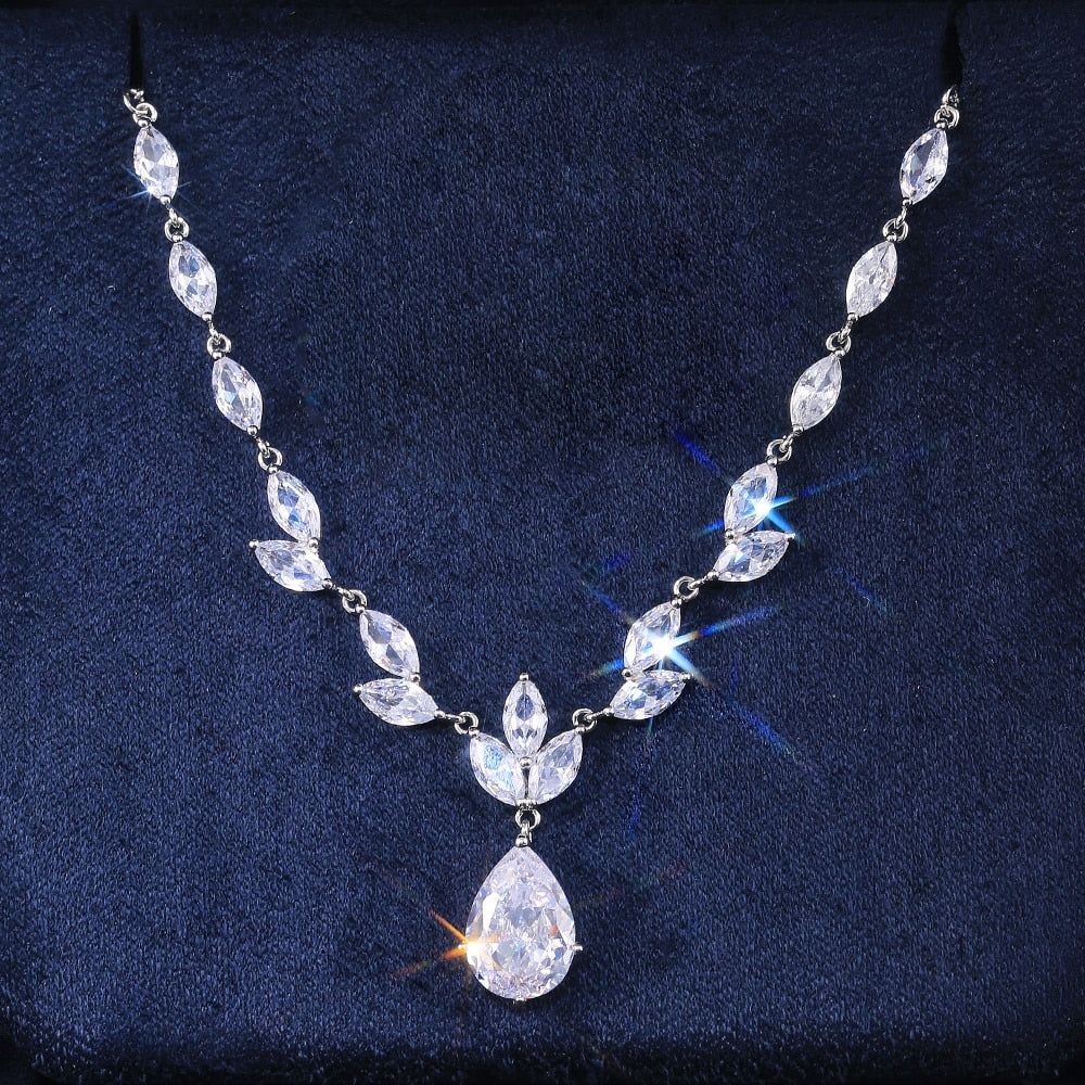 Classic Big Pear CZ Stone Necklace/Earring Wedding Set
