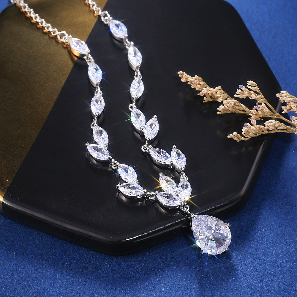 Classic Big Pear CZ Stone Necklace/Earring Wedding Set