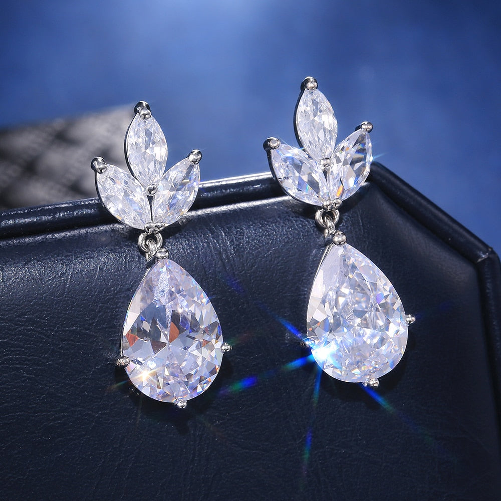 Classic Big Pear CZ Stone Necklace/Earring Wedding Set