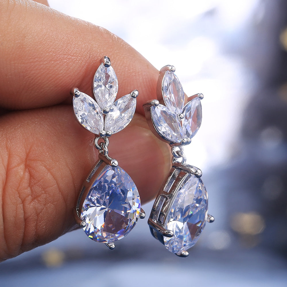 Classic Big Pear CZ Stone Necklace/Earring Wedding Set