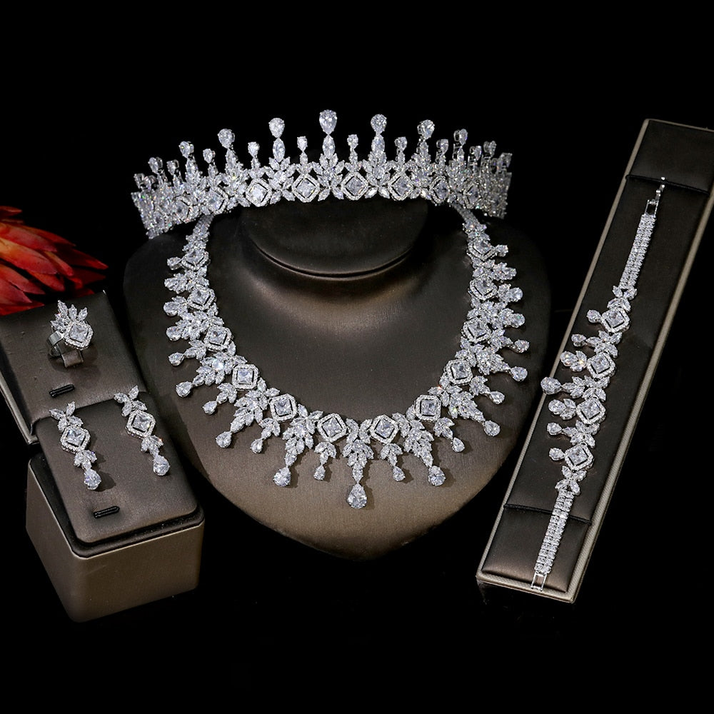 Cubic Zirconia Necklace Set Bracelet Ring Earring Necklace Crown Bridal 5-piece Set