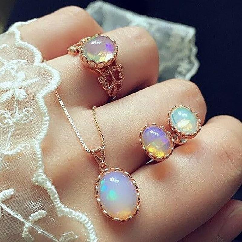 Natural Opal Jewelry Set Crystal  Pendant Necklace Earrings Ring Set