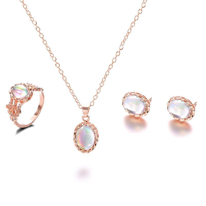 Natural Opal Jewelry Set Crystal  Pendant Necklace Earrings Ring Set