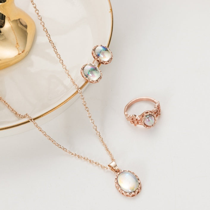 Natural Opal Jewelry Set Crystal  Pendant Necklace Earrings Ring Set