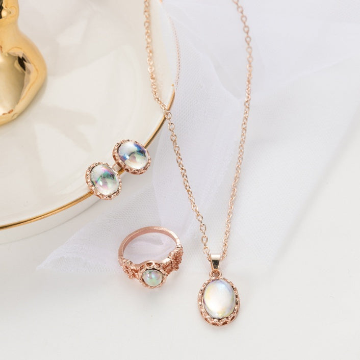 Natural Opal Jewelry Set Crystal  Pendant Necklace Earrings Ring Set