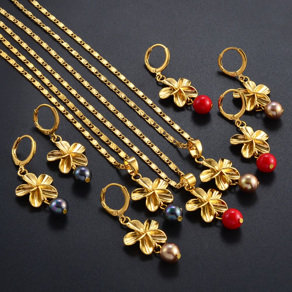 Hawaiian  Pearl Frangipani Necklace Earrings Flower Jewelry sets