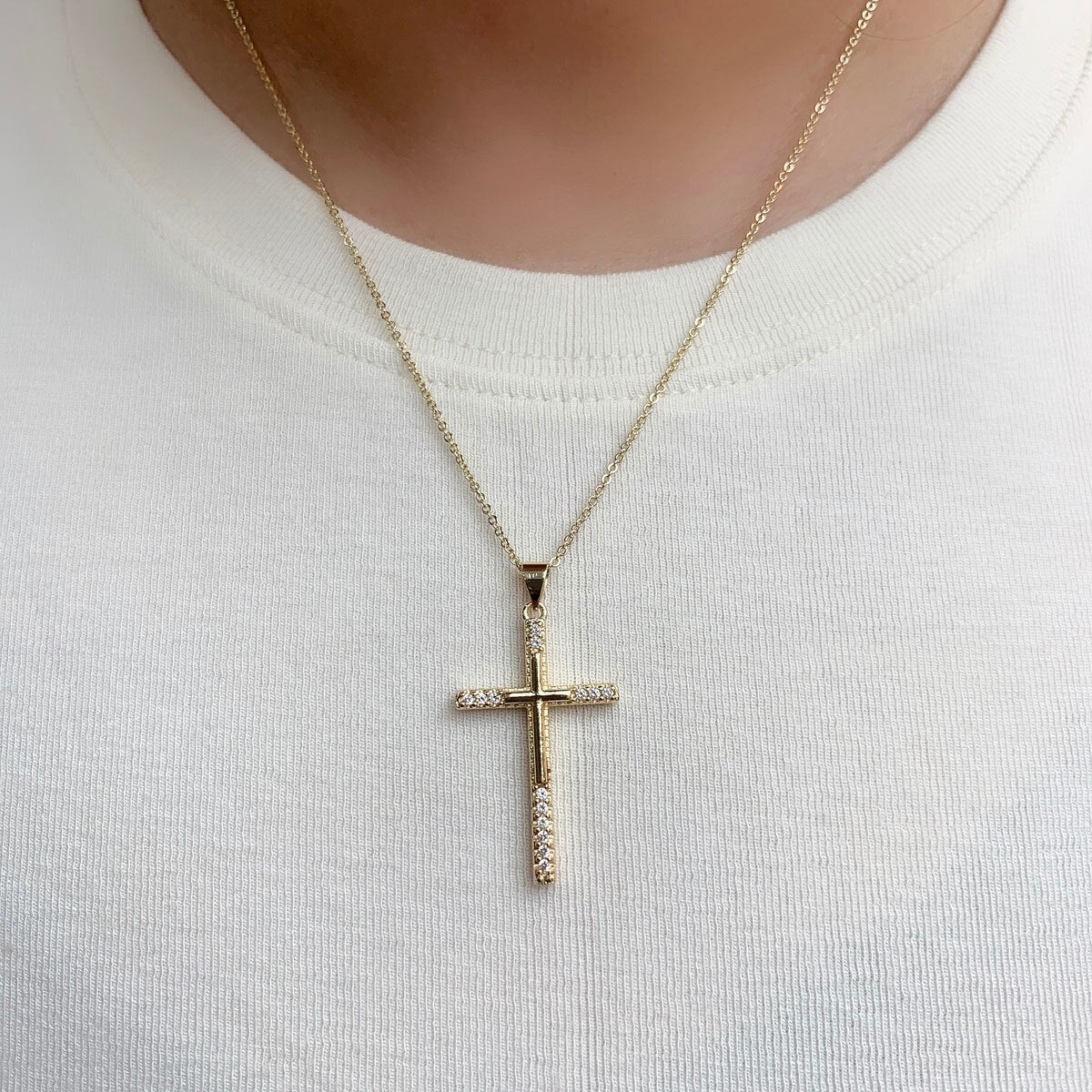 Gold Color CZ Cross Pendant Necklace