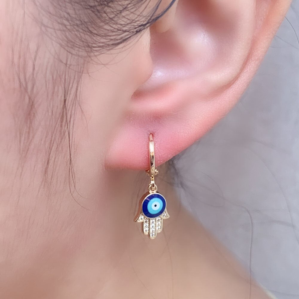 Rose Gold Colour Blue Turkish Round Eye Small Hoop Earrings