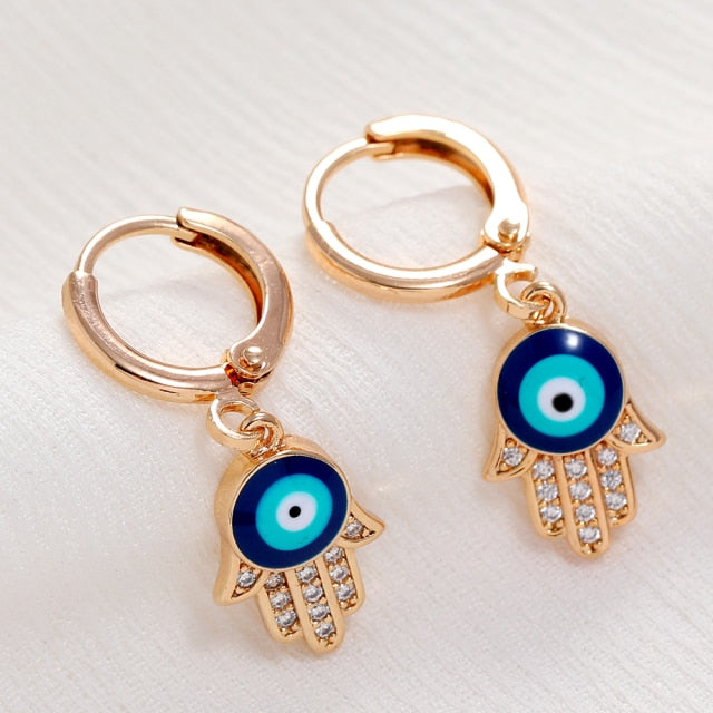 Rose Gold Colour Blue Turkish Round Eye Small Hoop Earrings