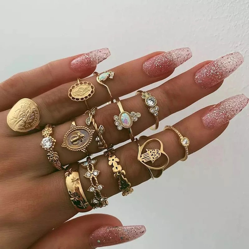 Bohemian Gold Virgin Mary Heart Flower Kunckle Midi Ring Set