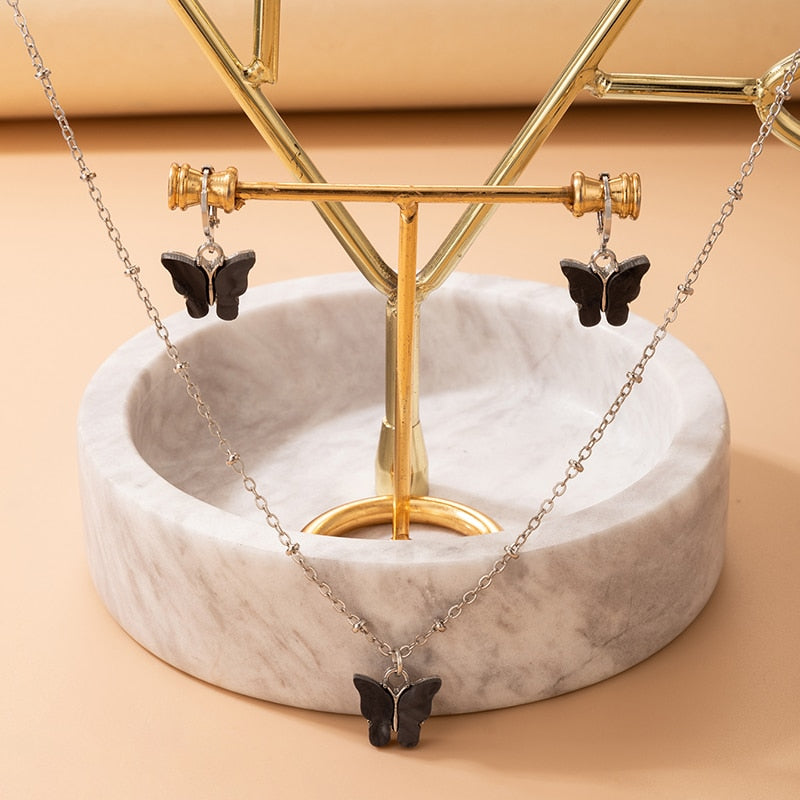 Pretty Butterfly Pendant Necklace Gold Drop Earring Jewelry Sets