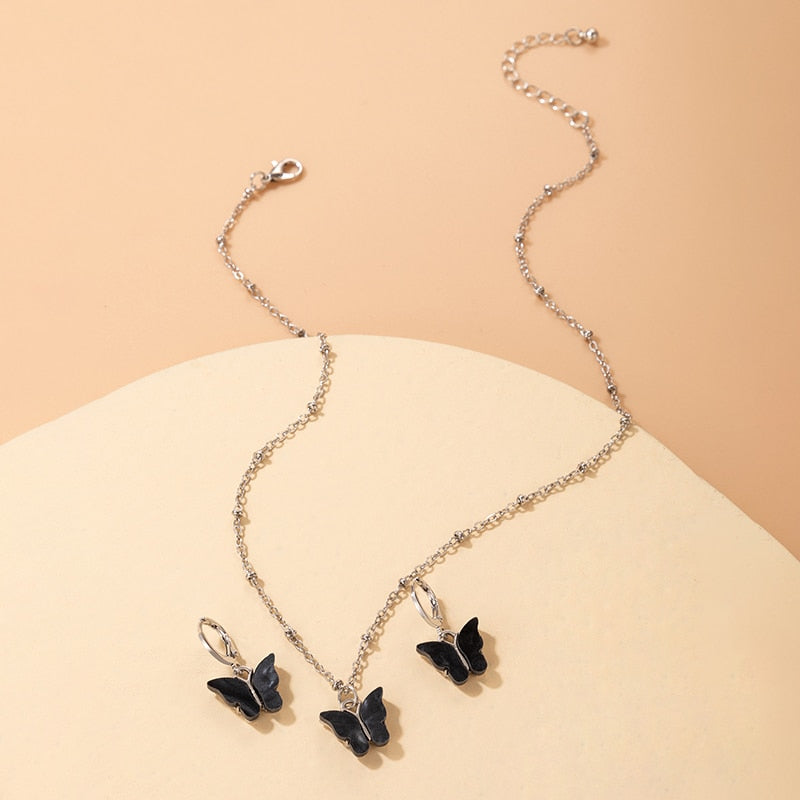 Pretty Butterfly Pendant Necklace Gold Drop Earring Jewelry Sets