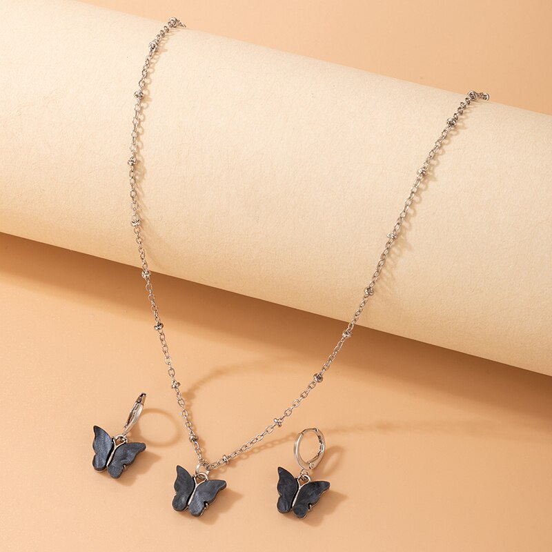 Pretty Butterfly Pendant Necklace Gold Drop Earring Jewelry Sets