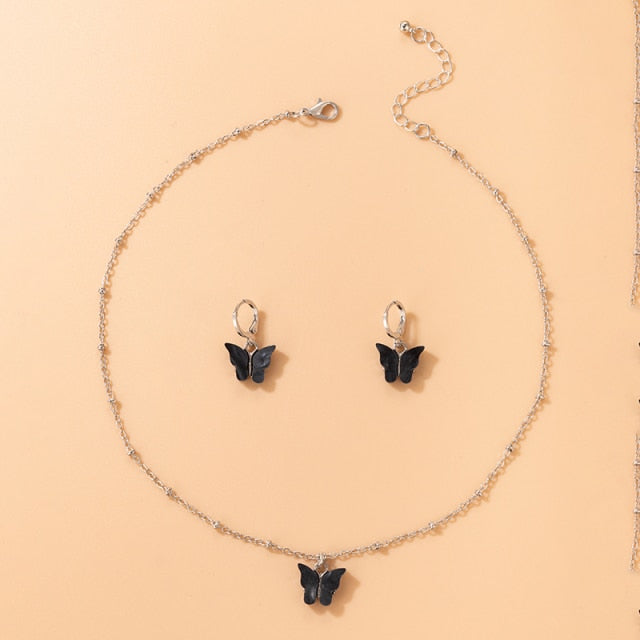 Pretty Butterfly Pendant Necklace Gold Drop Earring Jewelry Sets