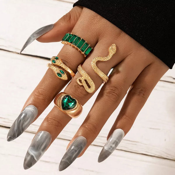 5pcs/set Luxury Green Crystal Love Heart Snake Finger Rings