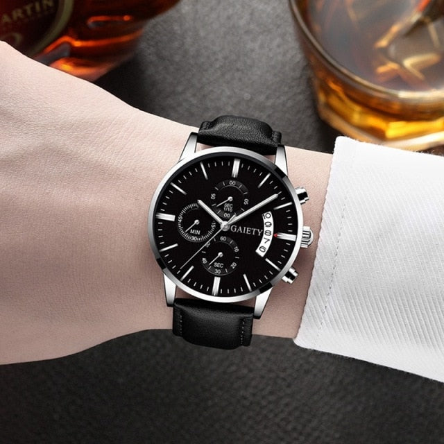 men Fashion Sport Stainless Steel Case Leather Band watch