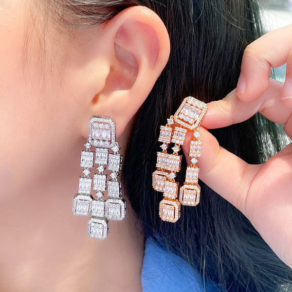 Flawless Shiny White Cubic Zirconia Long Tassel Rectangle Shape Bridal Wedding Dangle Earrings