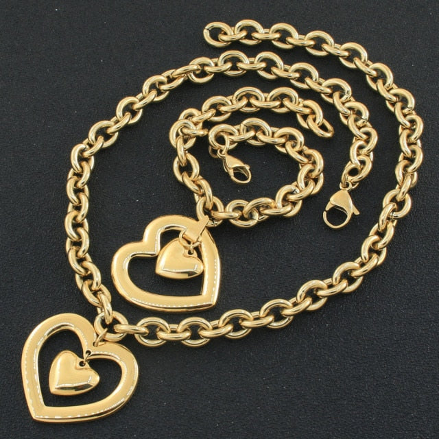 fashion Heart Jewelry gold color Necklace Bracelet stud earrings sets