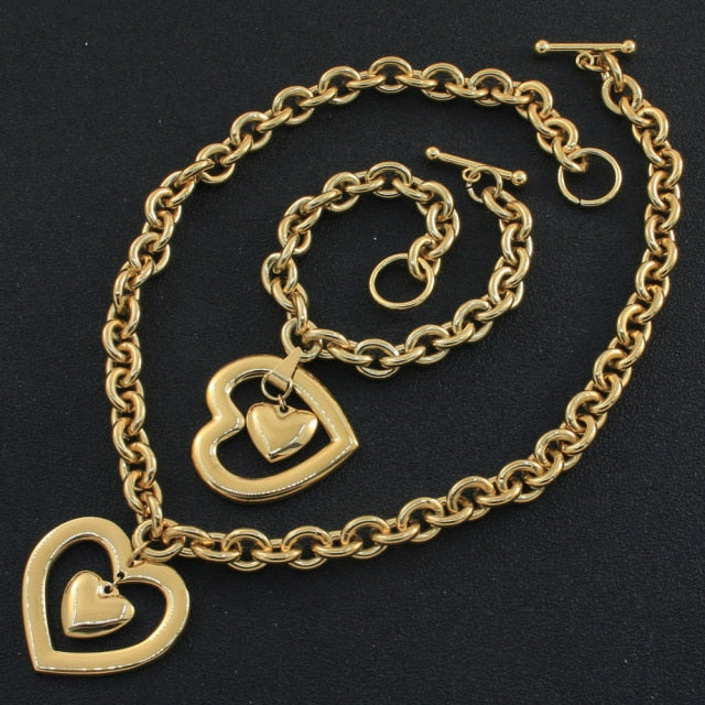 fashion Heart Jewelry gold color Necklace Bracelet stud earrings sets