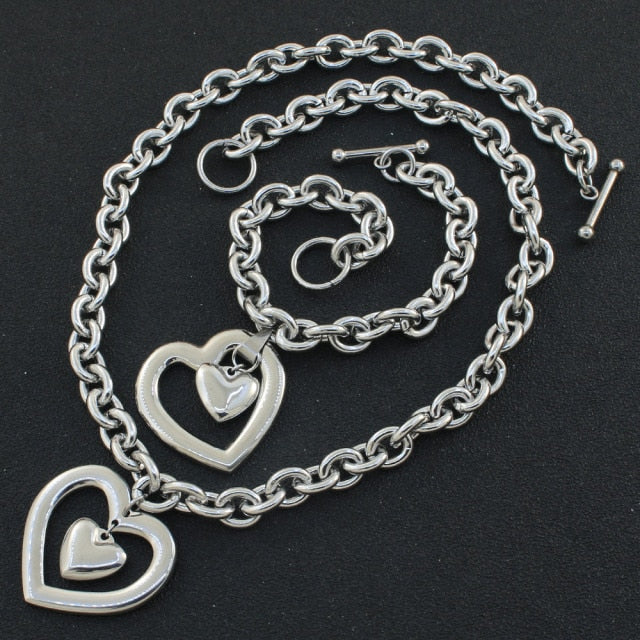 fashion Heart Jewelry gold color Necklace Bracelet stud earrings sets