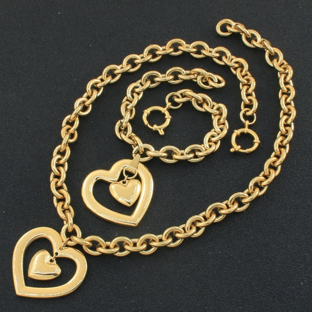 fashion Heart Jewelry gold color Necklace Bracelet stud earrings sets