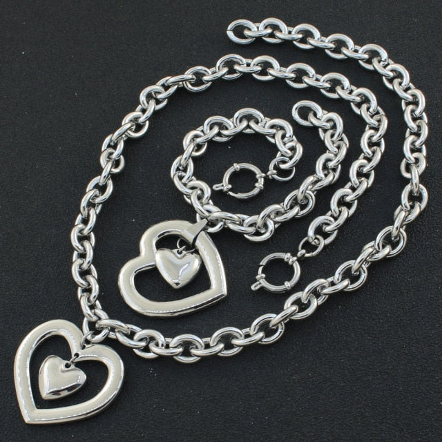 fashion Heart Jewelry gold color Necklace Bracelet stud earrings sets