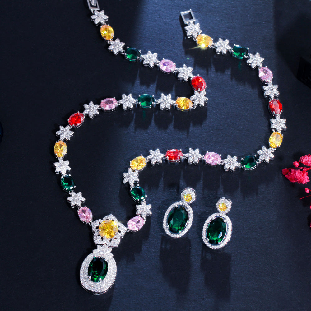 Shiny Colorful Flower CZ Bridal Jewelry Set for Women