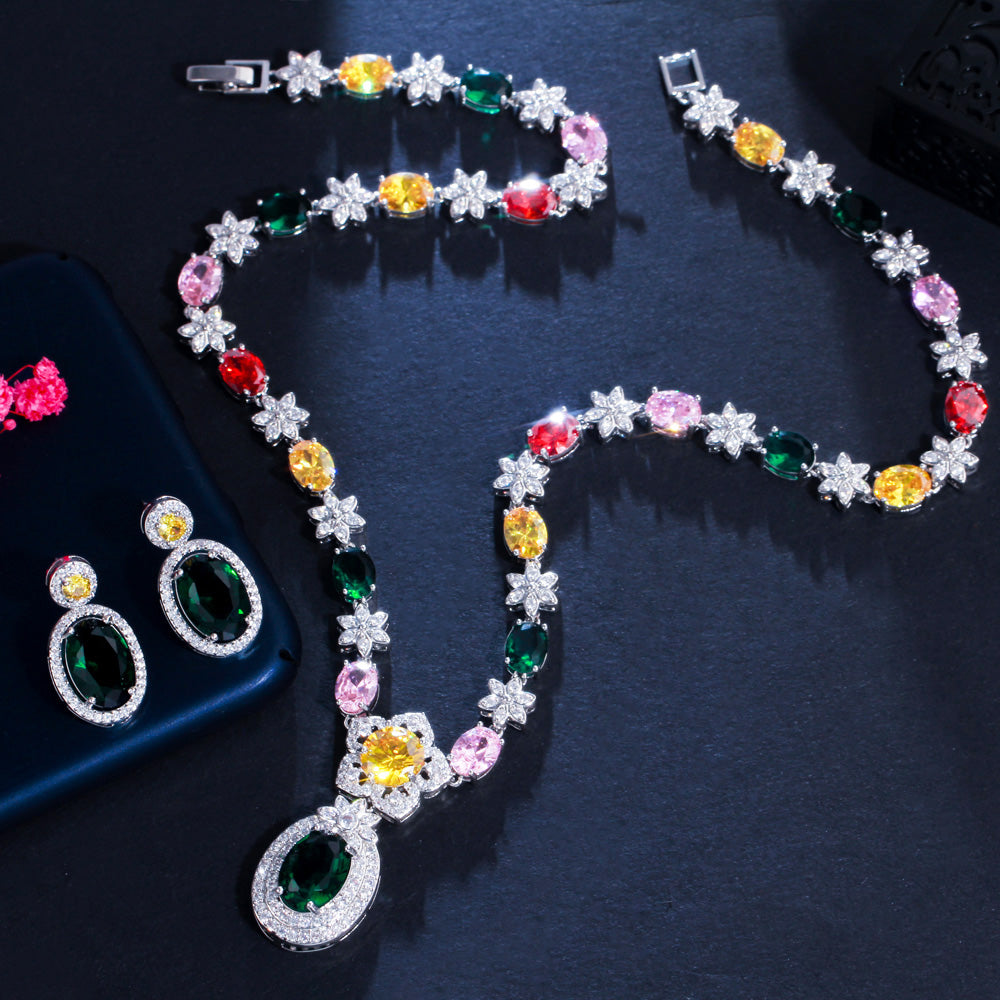 Shiny Colorful Flower CZ Bridal Jewelry Set for Women