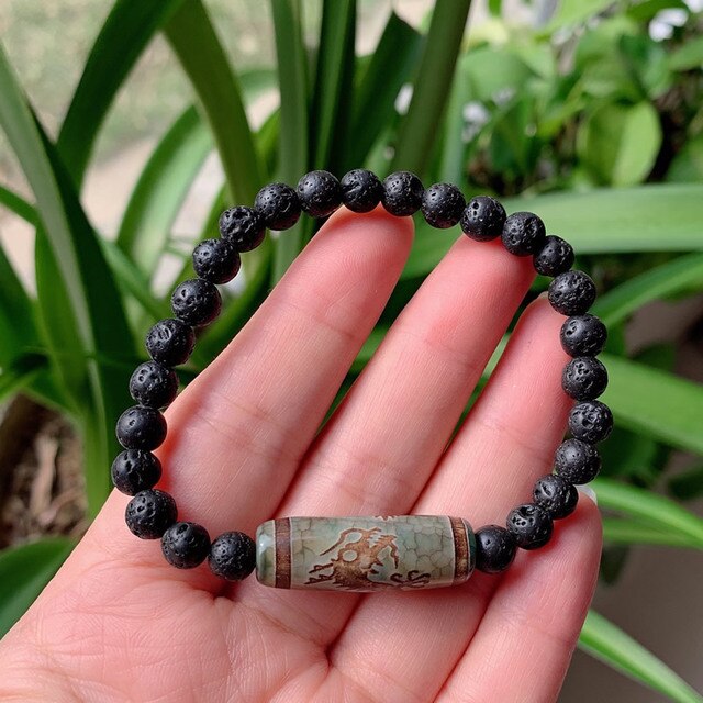Black Lava Tibetan Dzi Agates Stone Bracelet