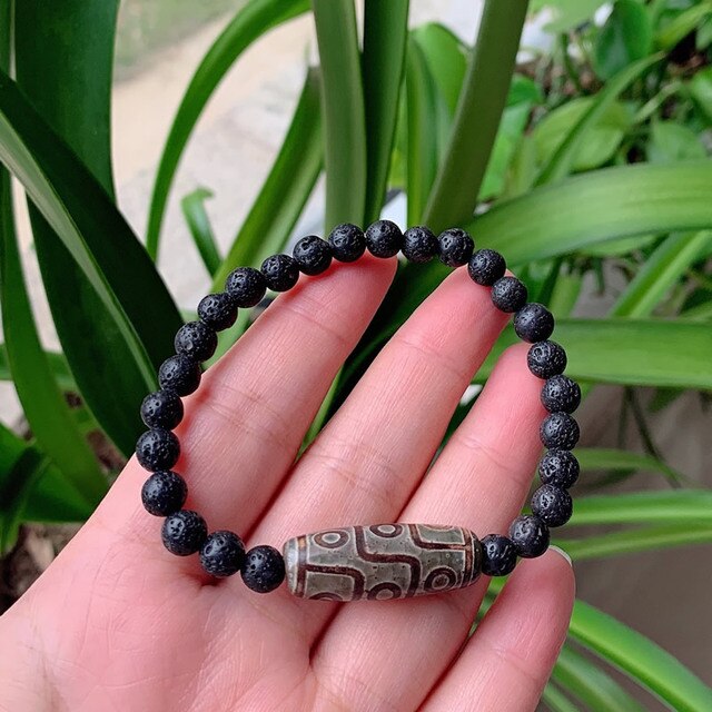 Black Lava Tibetan Dzi Agates Stone Bracelet