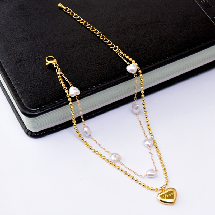 Minimalism Heart Shape Pearl Carving Love Charm Chain Anklet For Women
