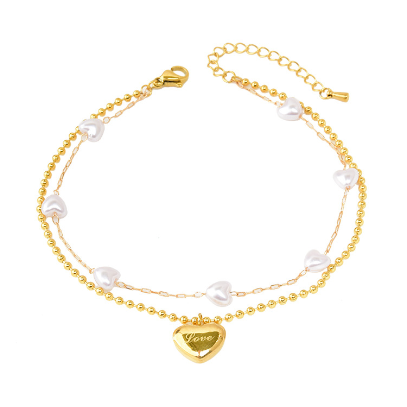 Minimalism Heart Shape Pearl Carving Love Charm Chain Anklet For Women
