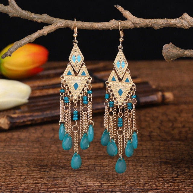 Gold Plated Long Water Drop Tassel Earrings for Women