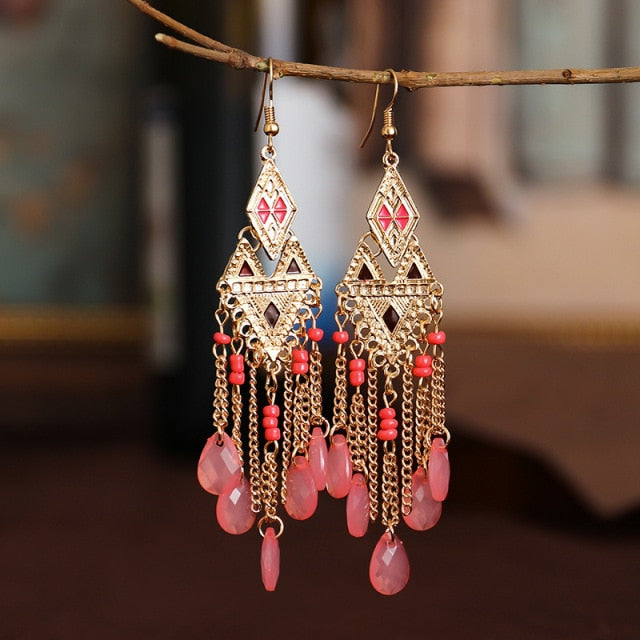 Gold Plated Long Water Drop Tassel Earrings for Women