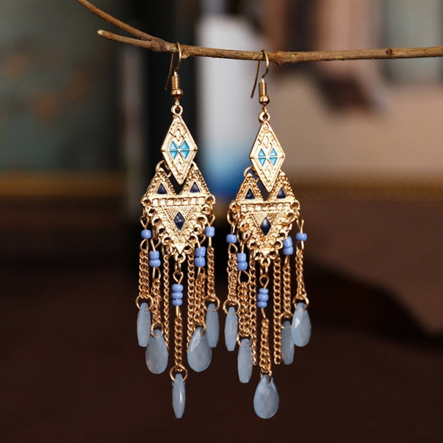 Gold Plated Long Water Drop Tassel Earrings for Women