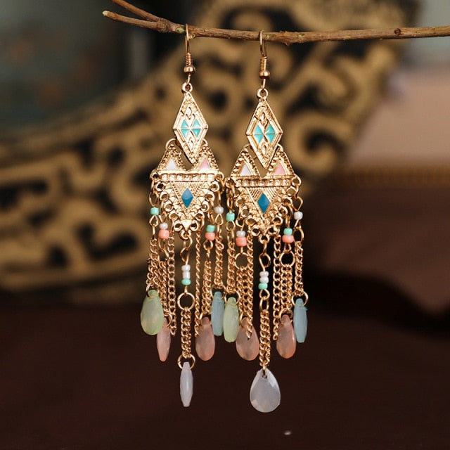Gold Plated Long Water Drop Tassel Earrings for Women