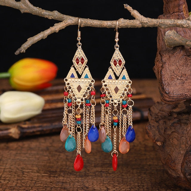 Gold Plated Long Water Drop Tassel Earrings for Women