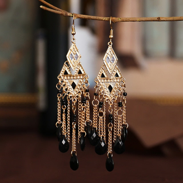 Gold Plated Long Water Drop Tassel Earrings for Women