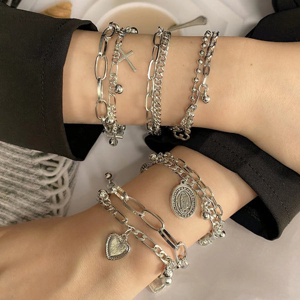 Tobillera gótica de color plata con cruz para mujer y hombre, pulsera de tobillo con cadena