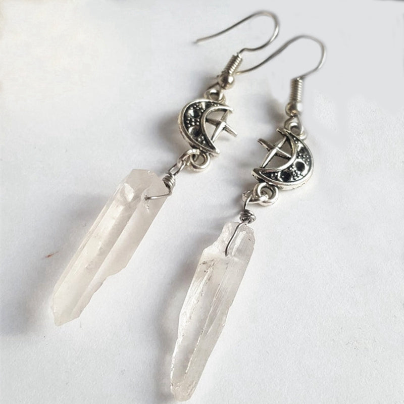 Clear Quartz Moon Earrings - Boho