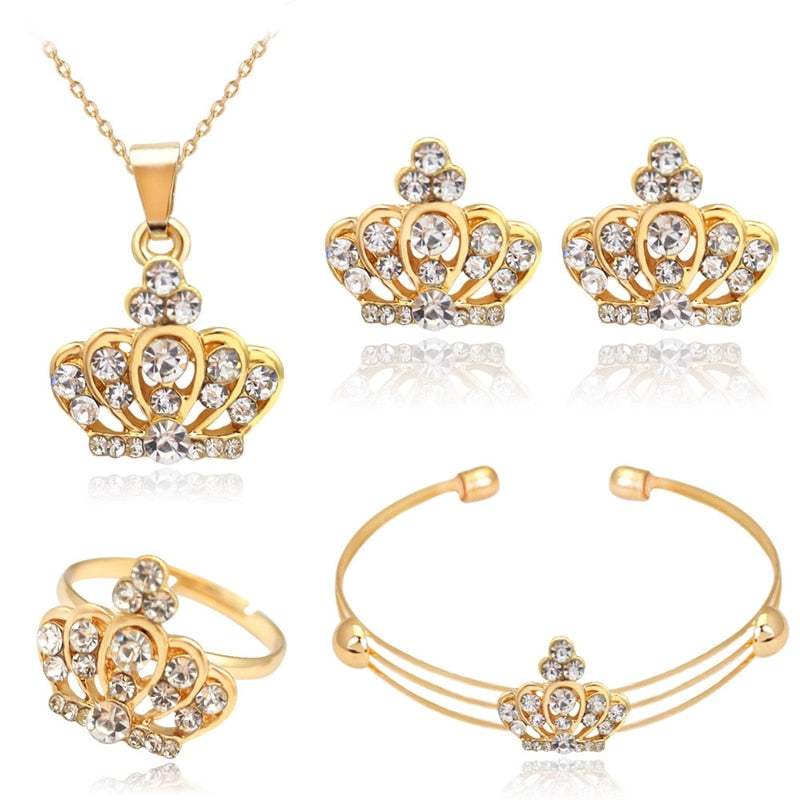 Crown Gold-color Crystal Statement Necklace Stud Earring Bracelet Ring Set
