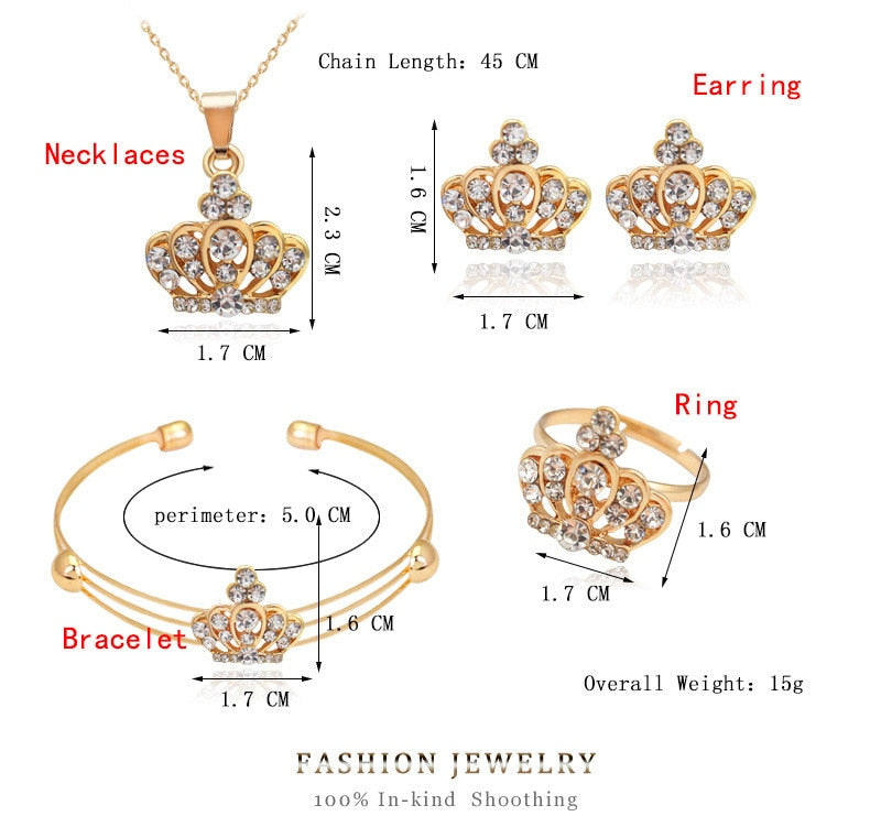 Crown Gold-color Crystal Statement Necklace Stud Earring Bracelet Ring Set